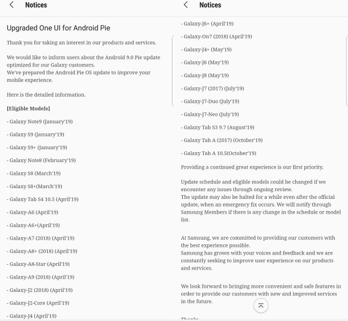 Android Pie mises à jour liste Samsung