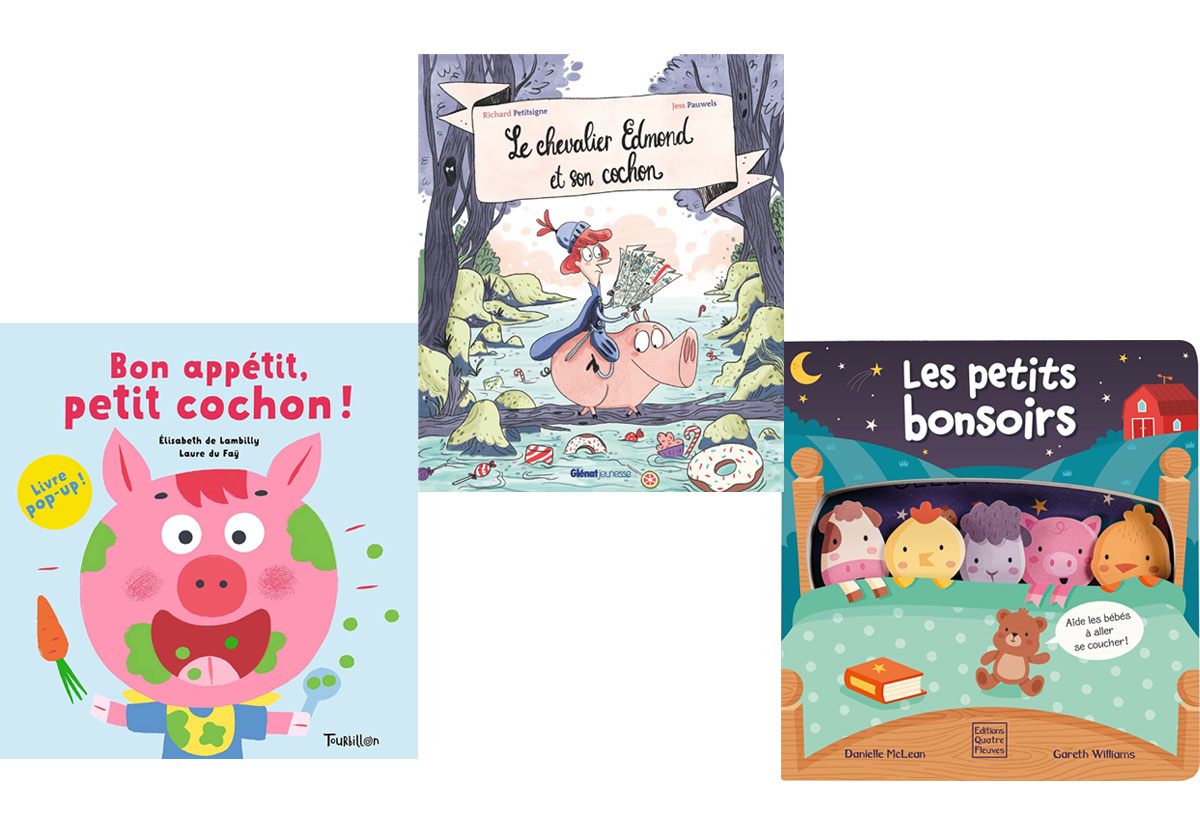 Trois livres pour les enfants avec des cochons